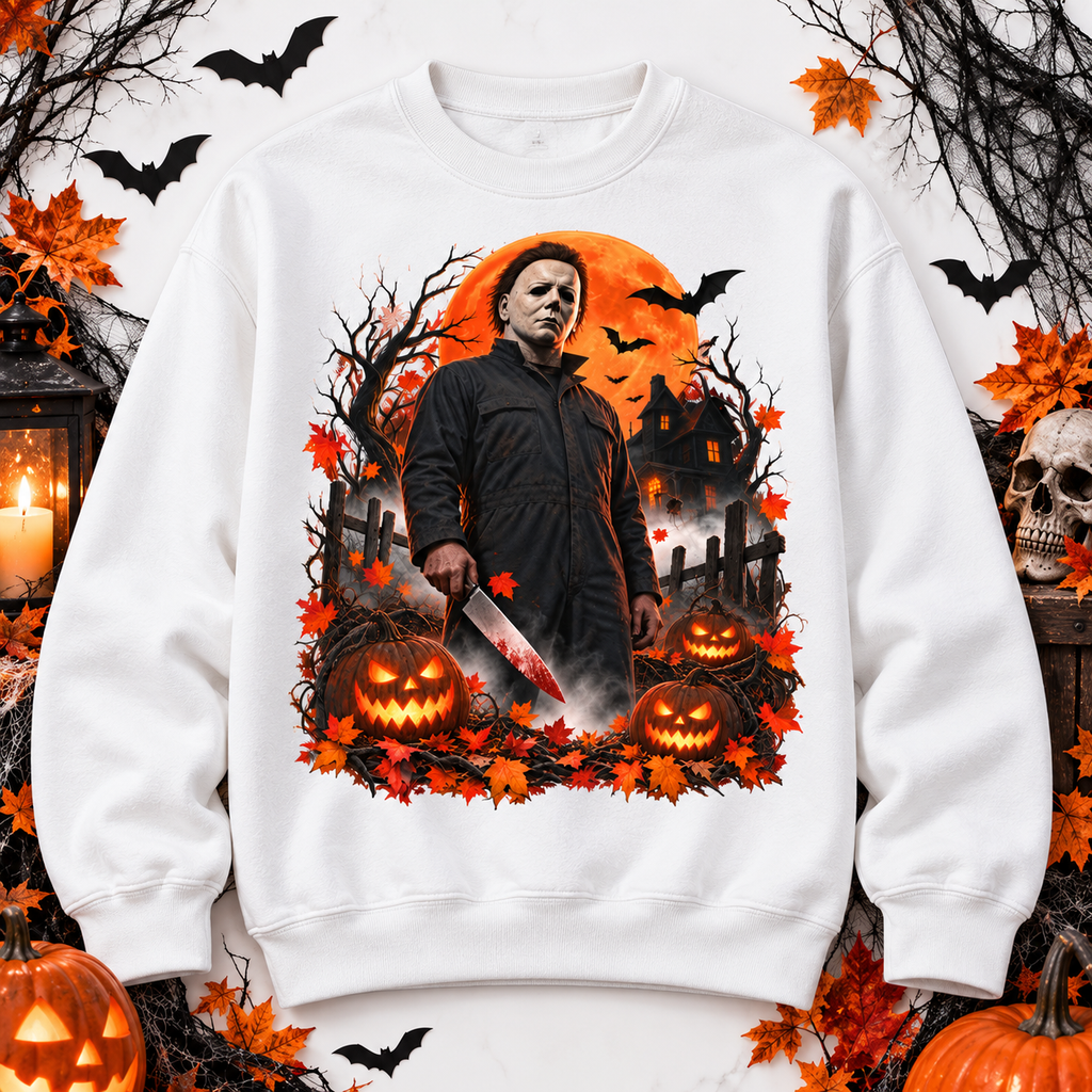 Vintage Horror Halloween Sweatshirt – Masked Slasher Pumpkin Night Crewneck