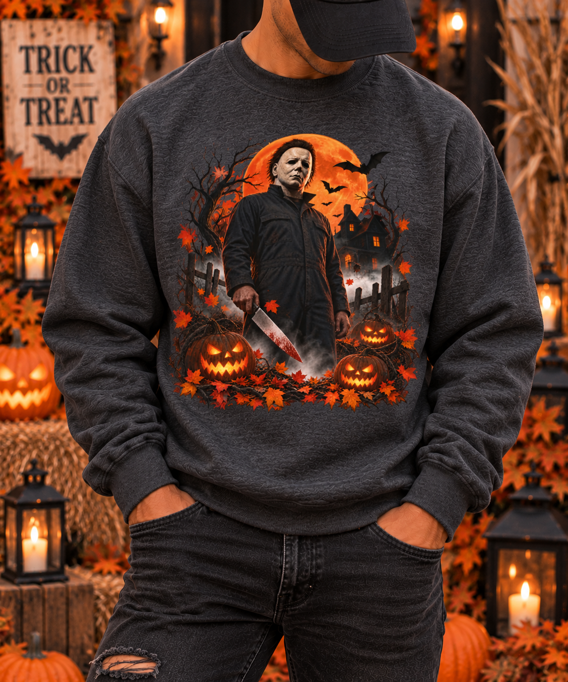 Vintage Horror Halloween Sweatshirt – Masked Slasher Pumpkin Night Crewneck