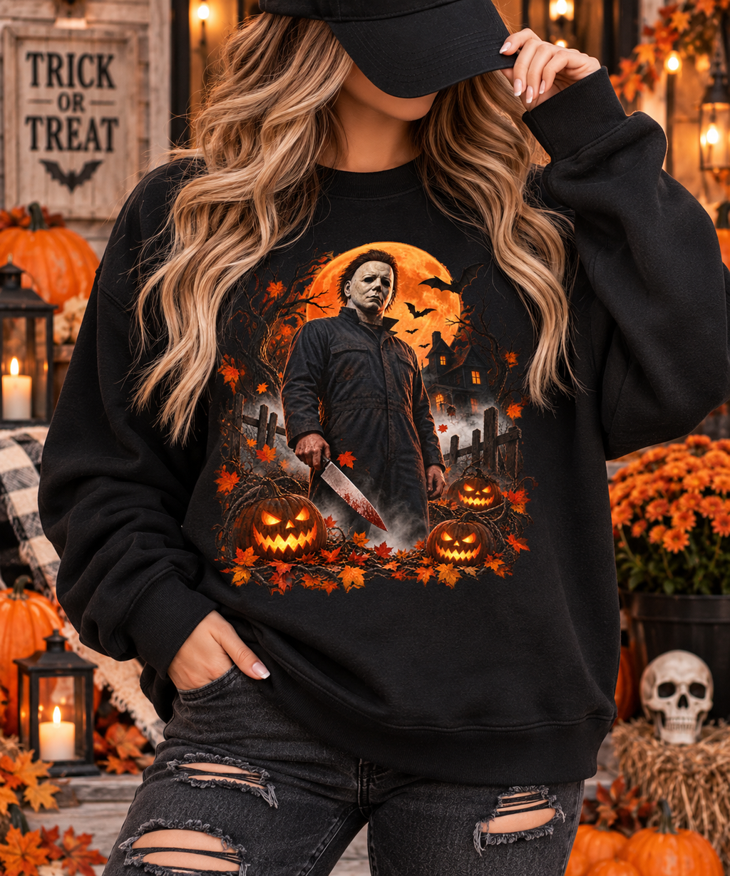 Vintage Horror Halloween Sweatshirt – Masked Slasher Pumpkin Night Crewneck