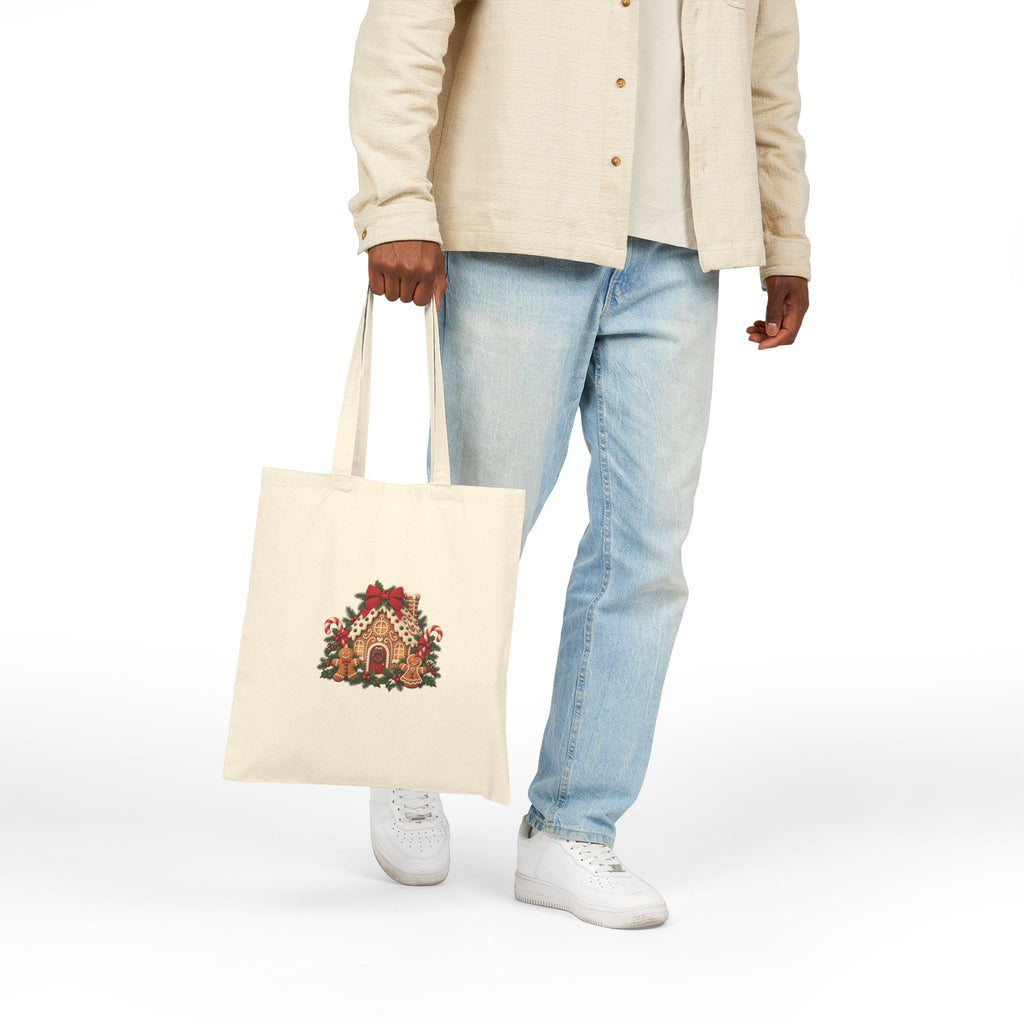 Gingerbread House Christmas Canvas Tote Bag | Red Bow Holiday Market Bag