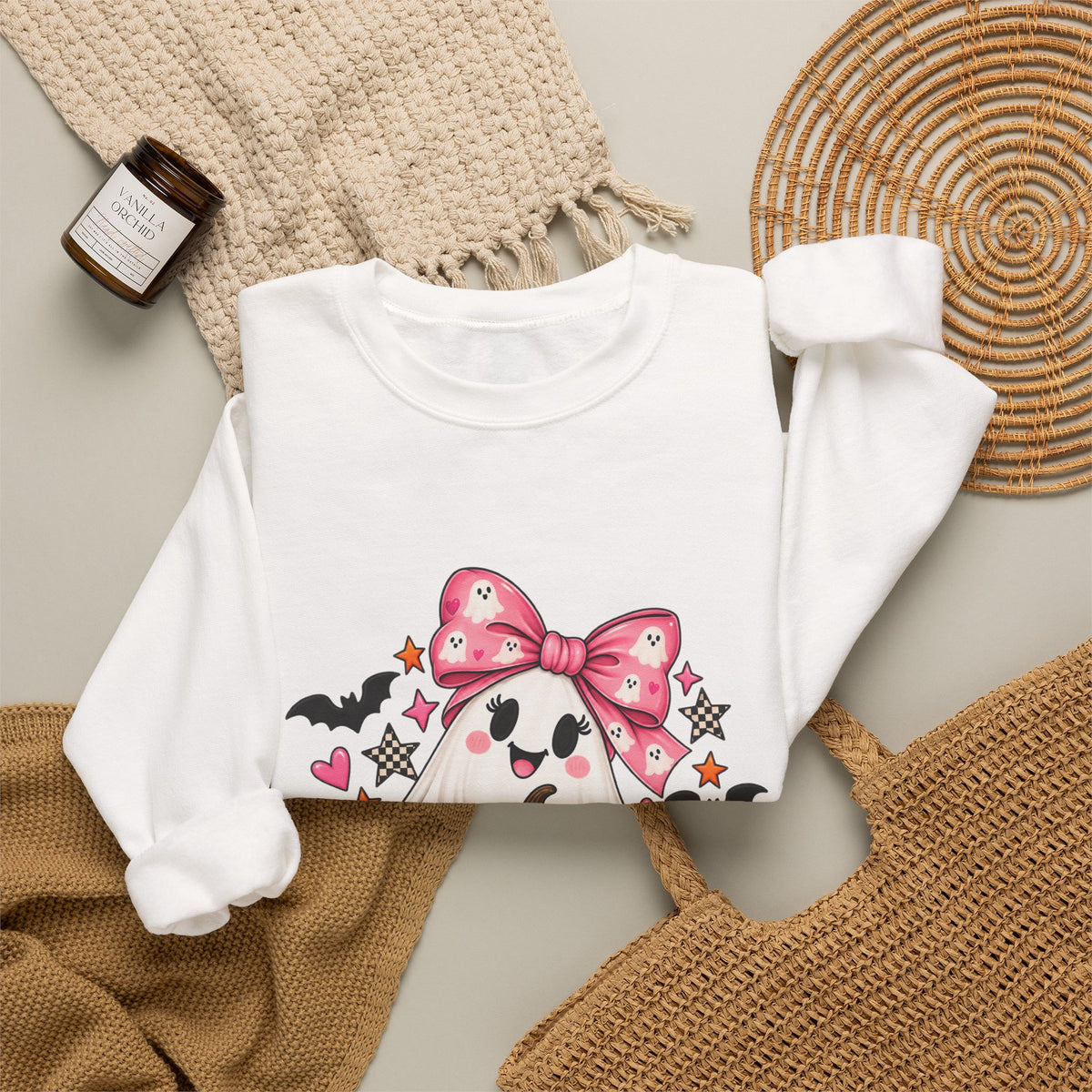 Cute Ghost Halloween Sweatshirt Pink Bow Pumpkin Crewneck