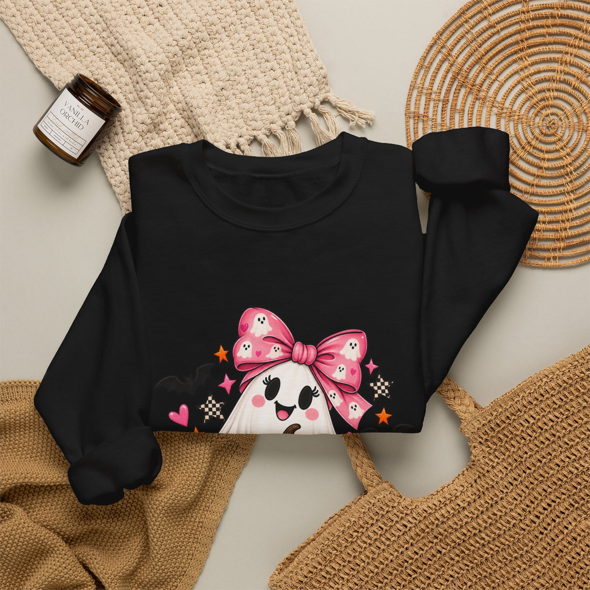 Cute Ghost Halloween Sweatshirt Pink Bow Pumpkin Crewneck