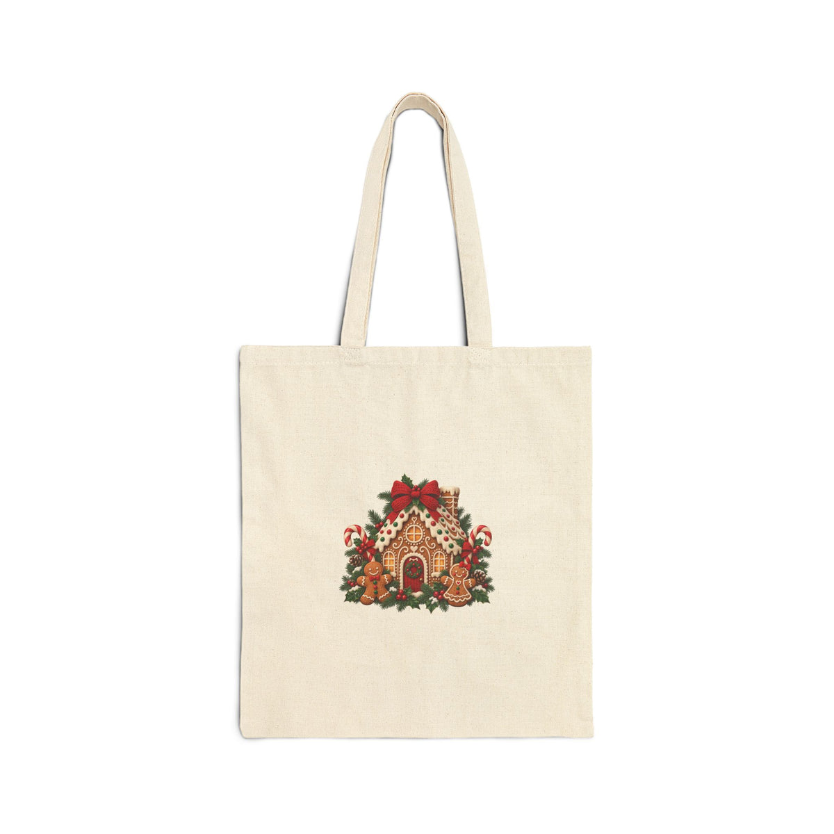 Gingerbread House Christmas Canvas Tote Bag | Red Bow Holiday Market Bag