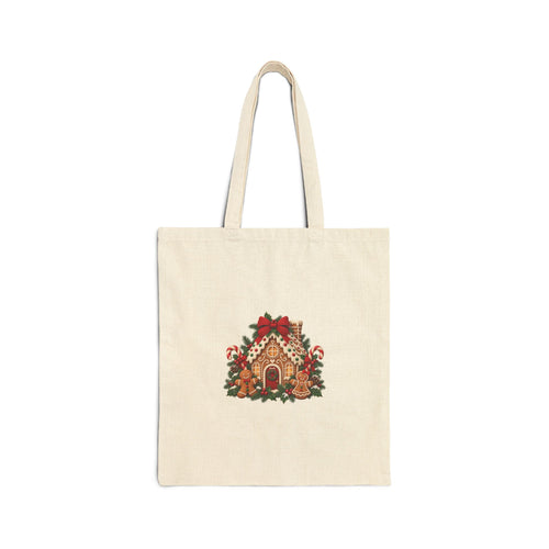 Gingerbread House Christmas Canvas Tote Bag | Red Bow Holiday Market Bag