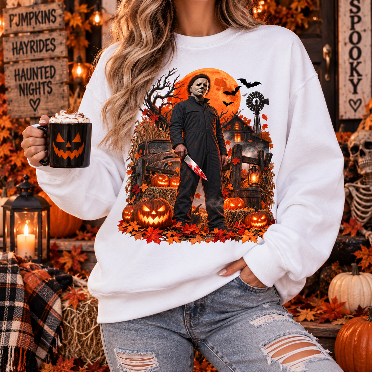 Vintage Slasher Halloween Sweatshirt – Haunted Pumpkin Night Horror Crewneck