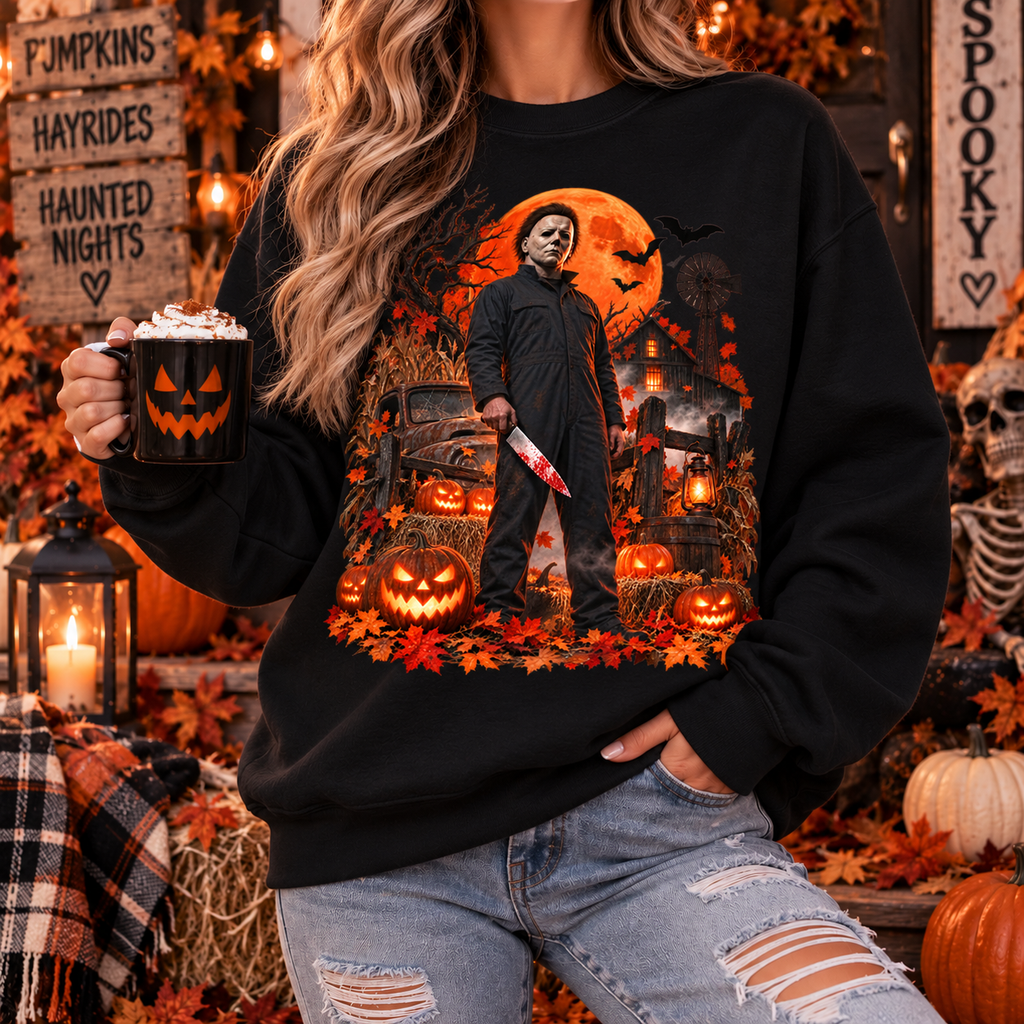 Vintage Slasher Halloween Sweatshirt – Haunted Pumpkin Night Horror Crewneck