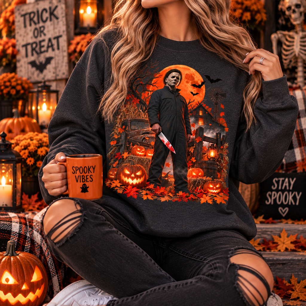 Vintage Slasher Halloween Sweatshirt – Haunted Pumpkin Night Horror Crewneck
