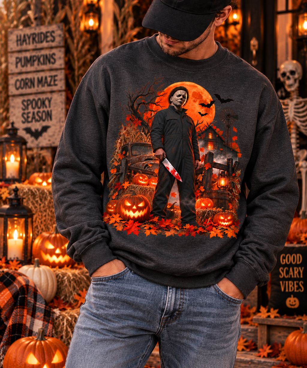 Vintage Slasher Halloween Sweatshirt – Haunted Pumpkin Night Horror Crewneck