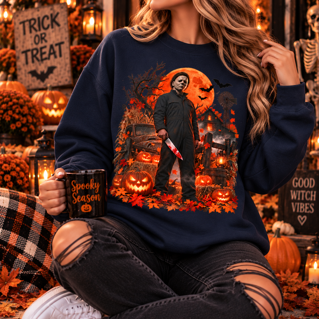 Vintage Slasher Halloween Sweatshirt – Haunted Pumpkin Night Horror Crewneck