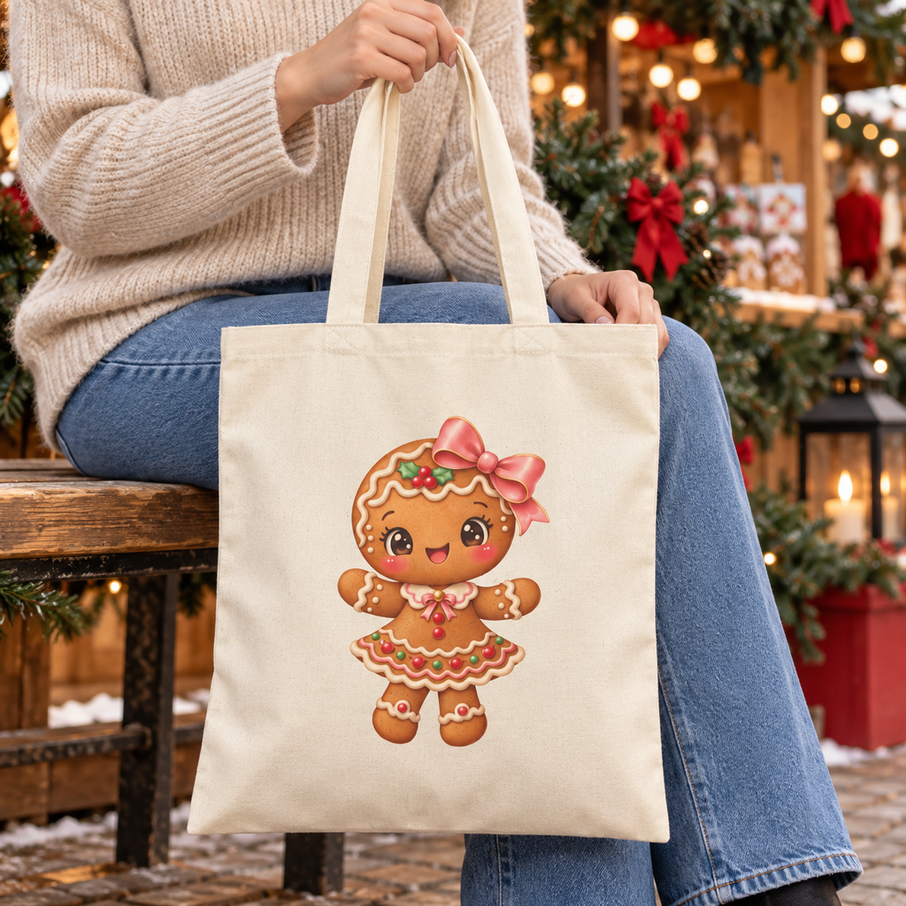Lifestyle mockup of a faceless person holding the gingerbread girl tote at a Christmas market