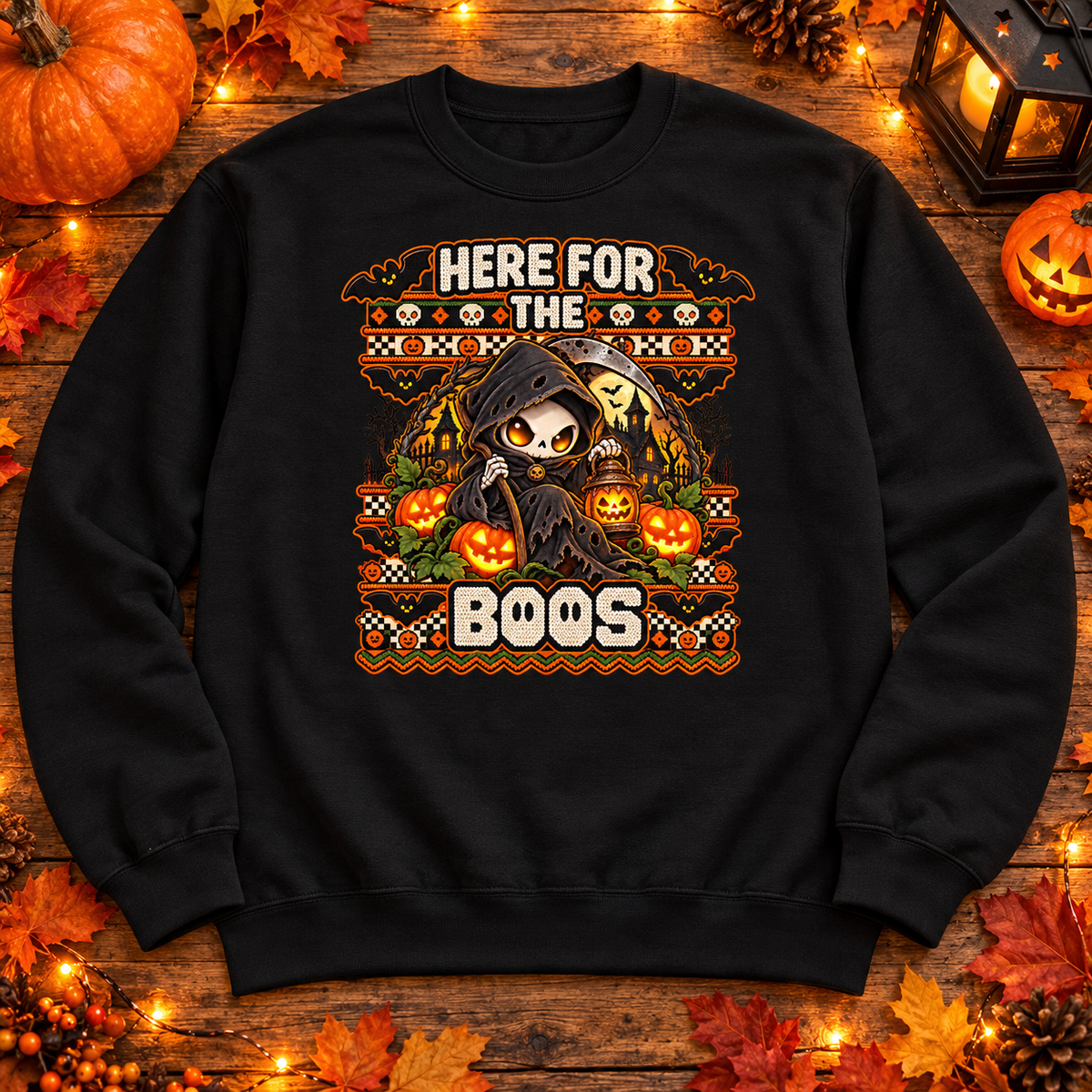 Here for the Boos Halloween sweatshirt black flatlay mockup