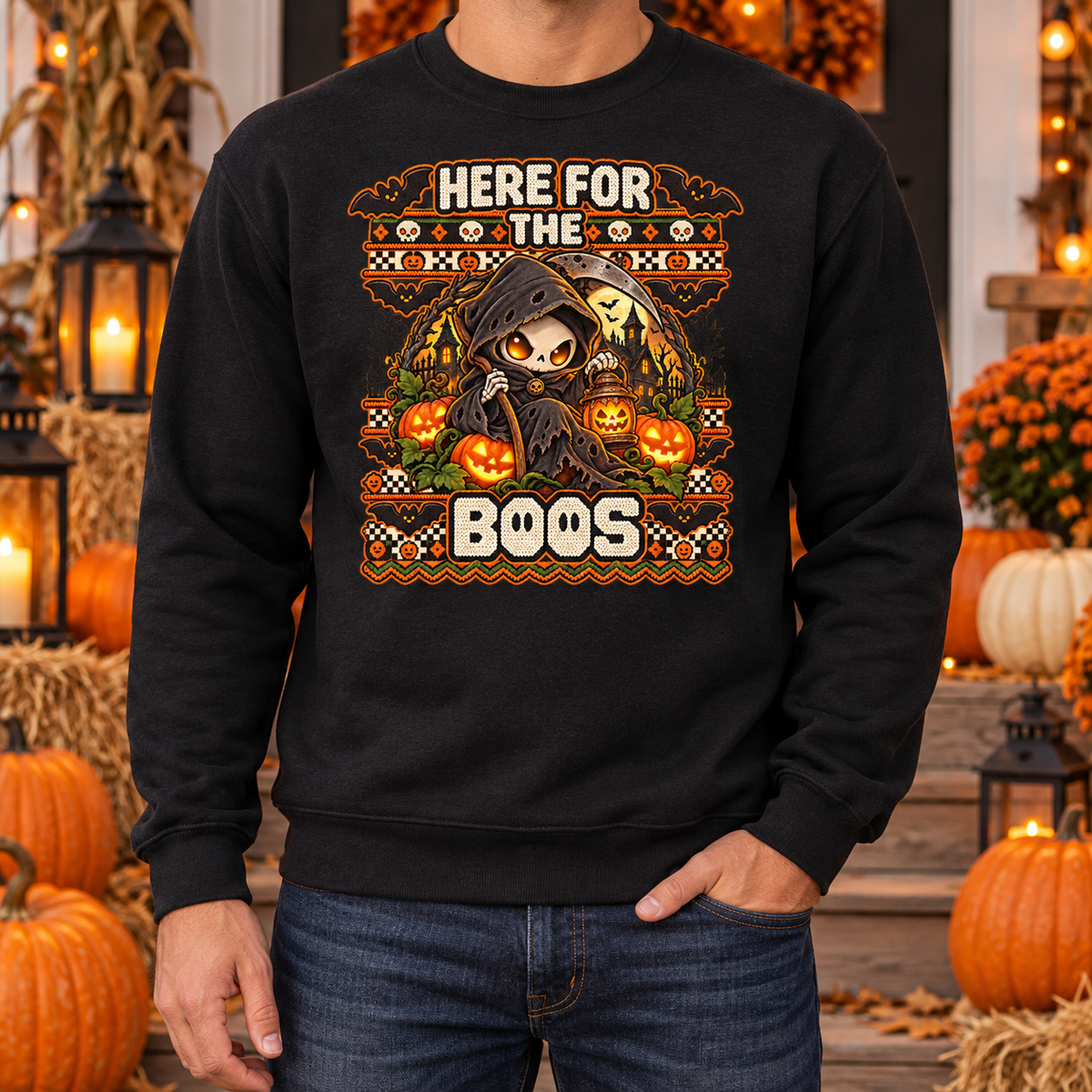 Here for the Boos Halloween sweatshirt man black mockup