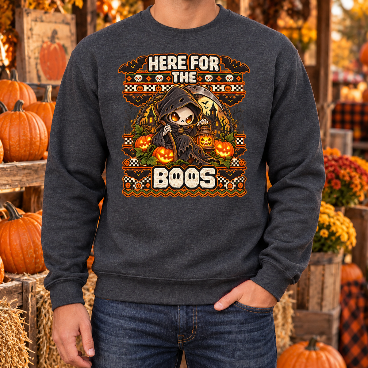 Here for the Boos Halloween sweatshirt man dark heather mockup
