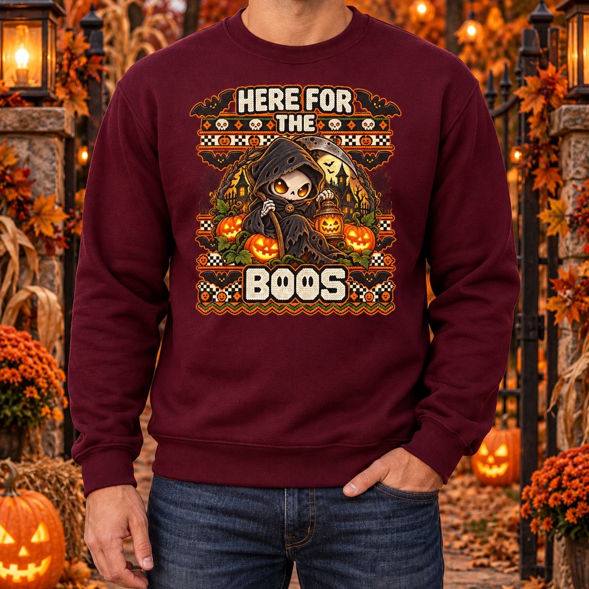 Here for the Boos Halloween sweatshirt man maroon mockup