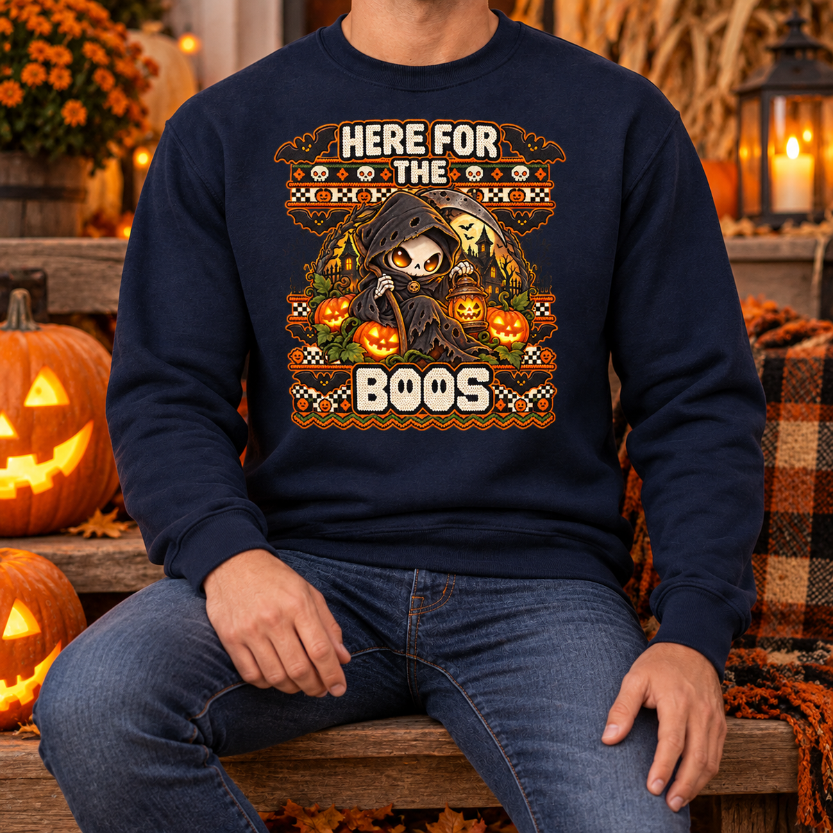 Here for the Boos Halloween sweatshirt man navy mockup
