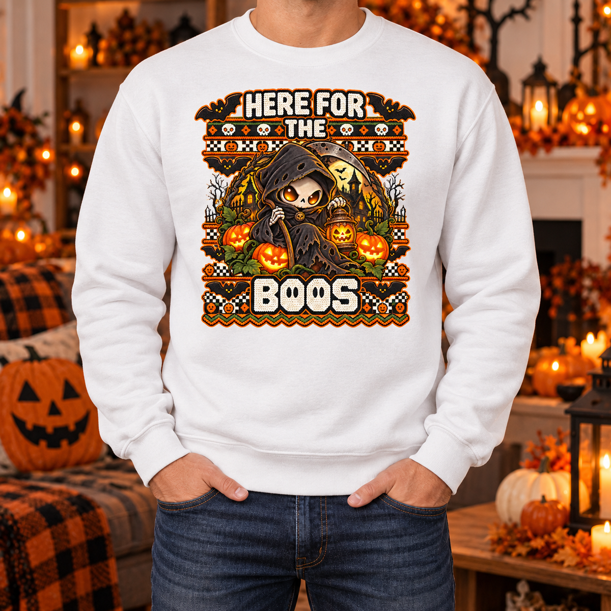 Here for the Boos Halloween sweatshirt man white mockup