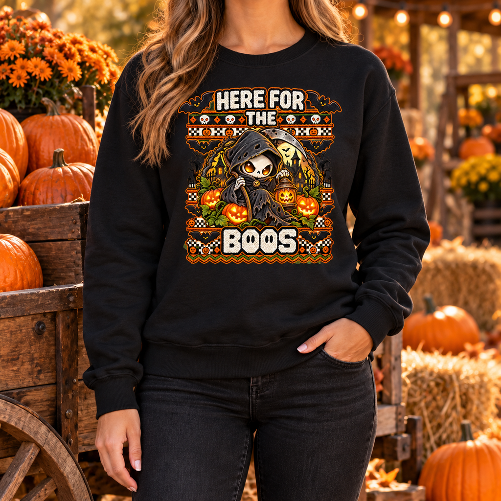 Here for the Boos Halloween sweatshirt woman black mockup