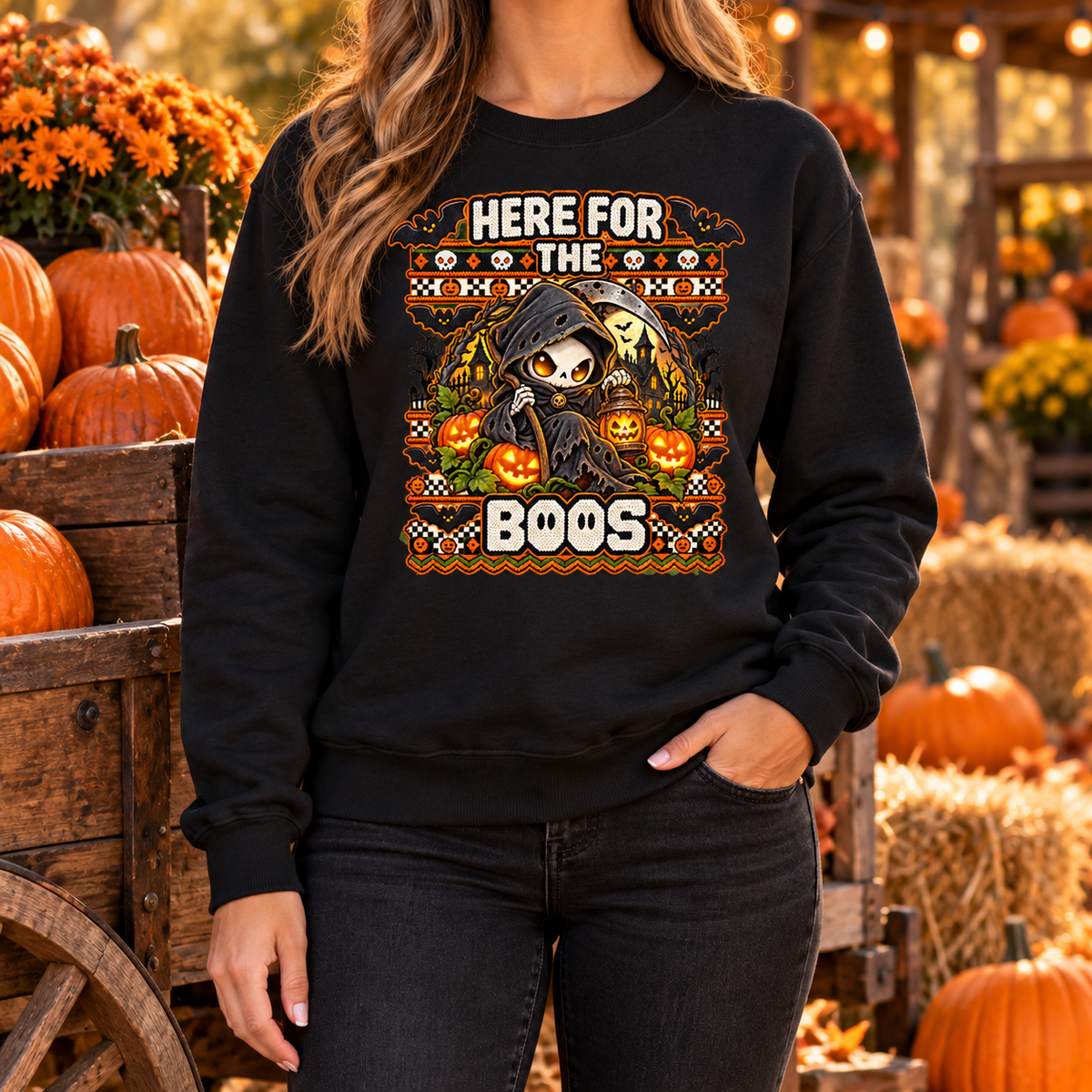 Here for the Boos Halloween sweatshirt woman black mockup