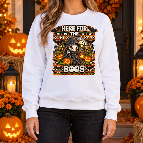 Faceless woman wearing white Here for the Boos Halloween crewneck