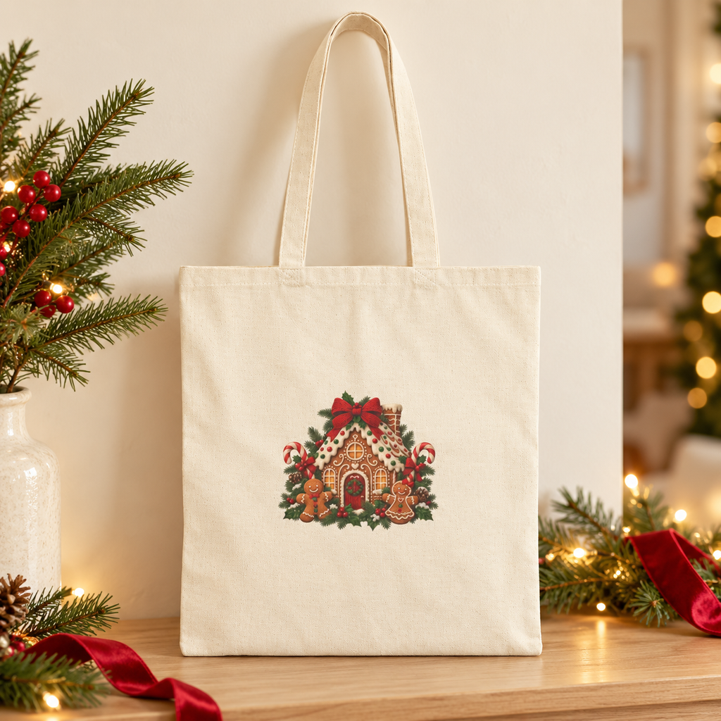Gingerbread Christmas canvas tote with centered print, styled for the festive season