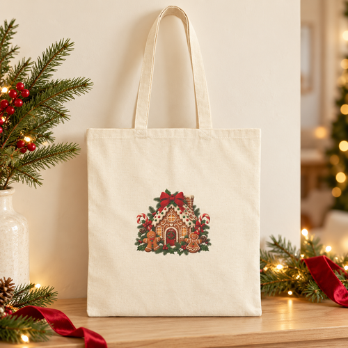 Gingerbread Christmas canvas tote with centered print, styled for the festive season